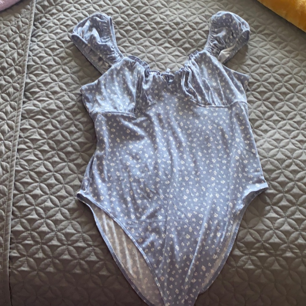 Blue with white floral print body suit